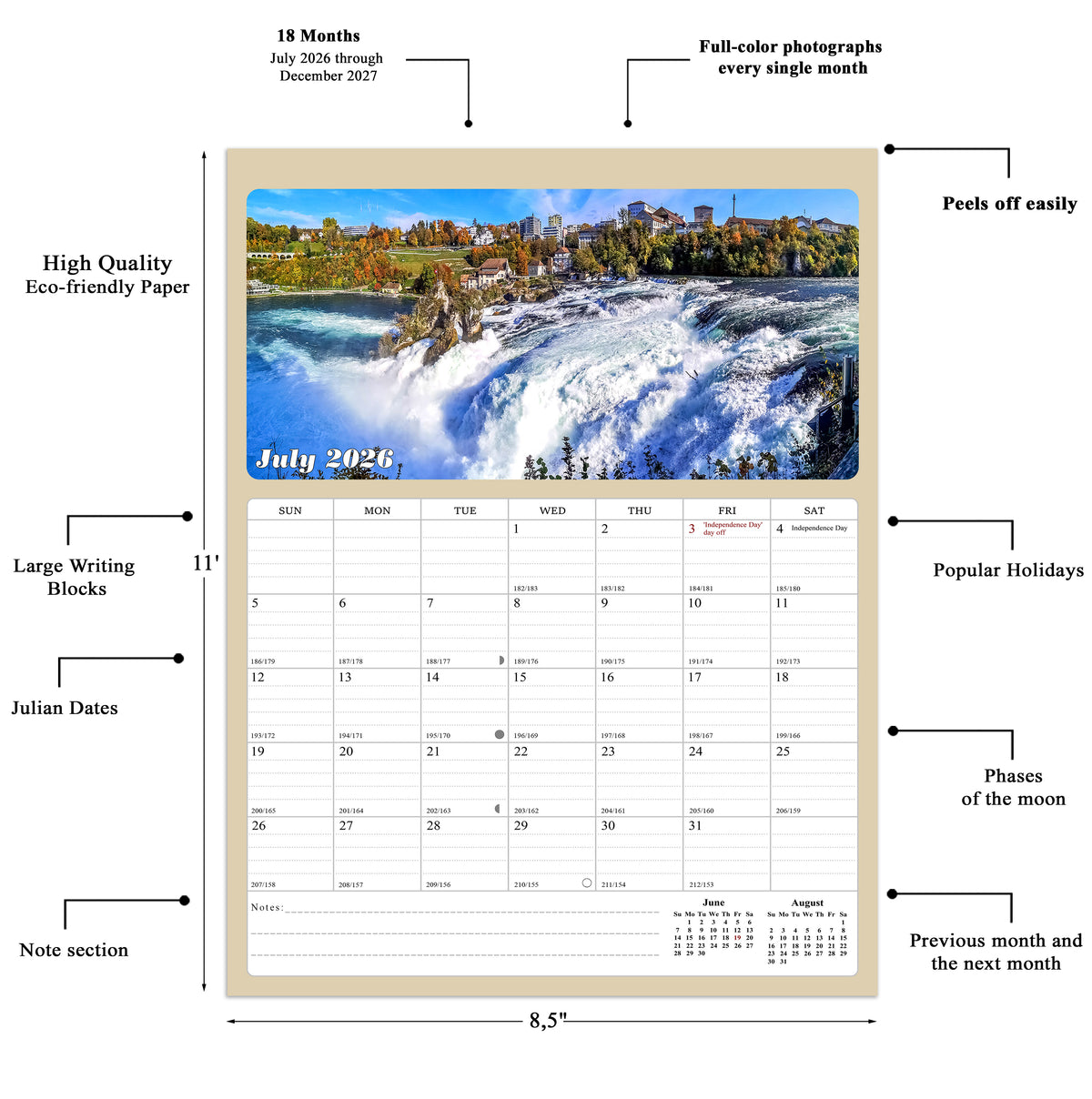 2026 - 2027 Calendar Magnetic Peel & Stick 18 Months 8.5" x 11" Waterfalls