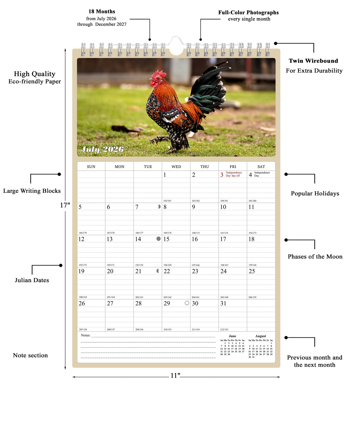 2026 - 2027 Wall Calendar Spiral-bound Twin-Wire Binding - 18 Months Planner - Large Ruled Blocks with Julian Dates - (Roosters)