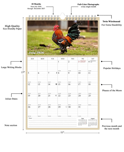 2026 - 2027 Wall Calendar Spiral-bound Twin-Wire Binding - 18 Months Planner - Large Ruled Blocks with Julian Dates - (Roosters)