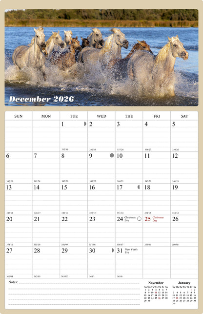 2025 - 2026 Wall Calendar Spiral-bound Twin - 18 Months (Horses) 11" x 17"