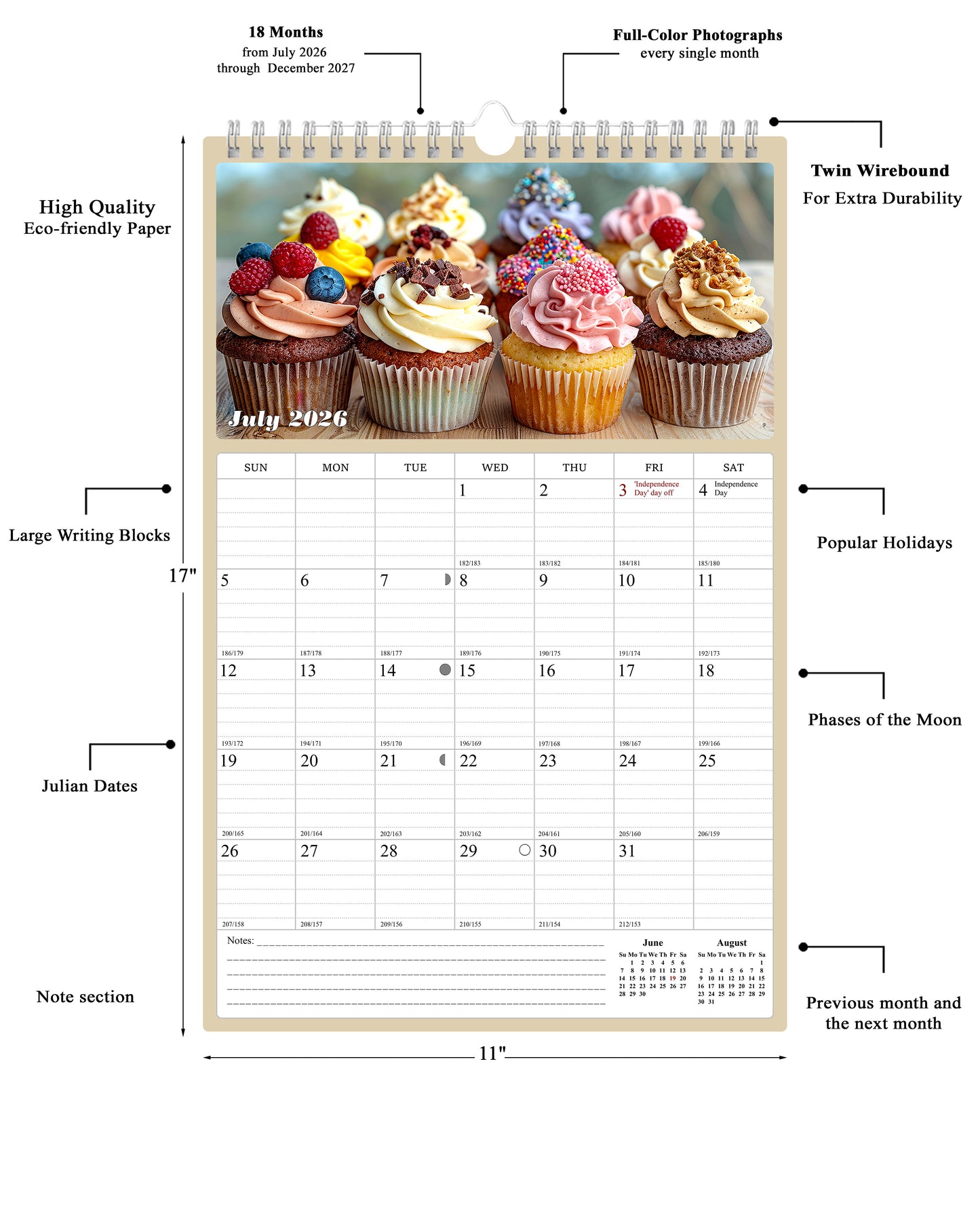 2026 - 2027 Wall Calendar Spiral-bound Twin-Wire Binding - 18 Months Planner - Large Ruled Blocks with Julian Dates - (Cupcakes)