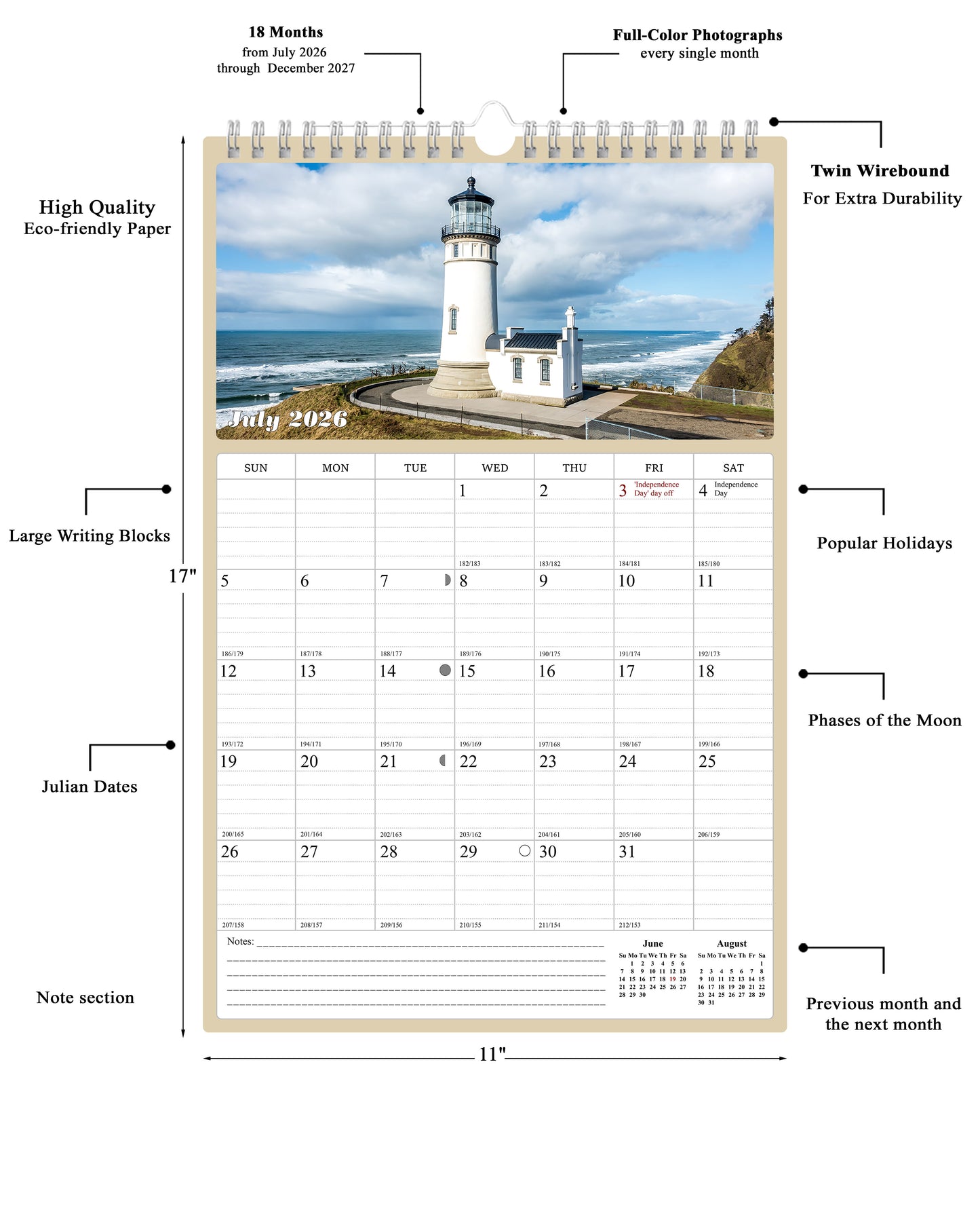 2026 - 2027 Wall Calendar Spiral-bound Twin-Wire Binding - 18 Months Planner - Large Ruled Blocks with Julian Dates - (Lighthouses)