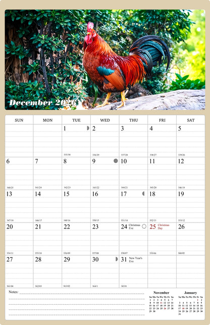 2025 - 2026 Wall Calendar Spiral-bound Twin - 18 Months (Roosters) 11" x 17"