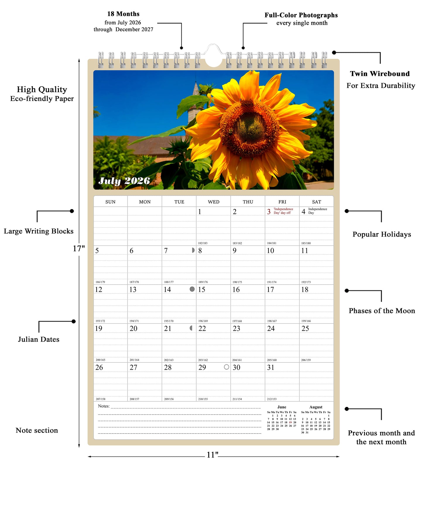 2026 - 2027 Wall Calendar Spiral-bound Twin-Wire Binding - 18 Months Planner - Large Ruled Blocks with Julian Dates - (Sunflowers)