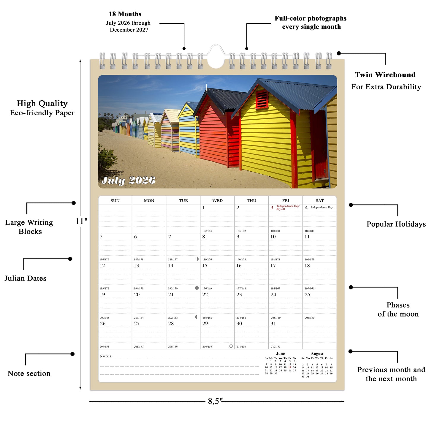 2026 - 2027 Calendar Magnetic Peel & Stick 18 Months Planner 8.5" x 11" Beaches