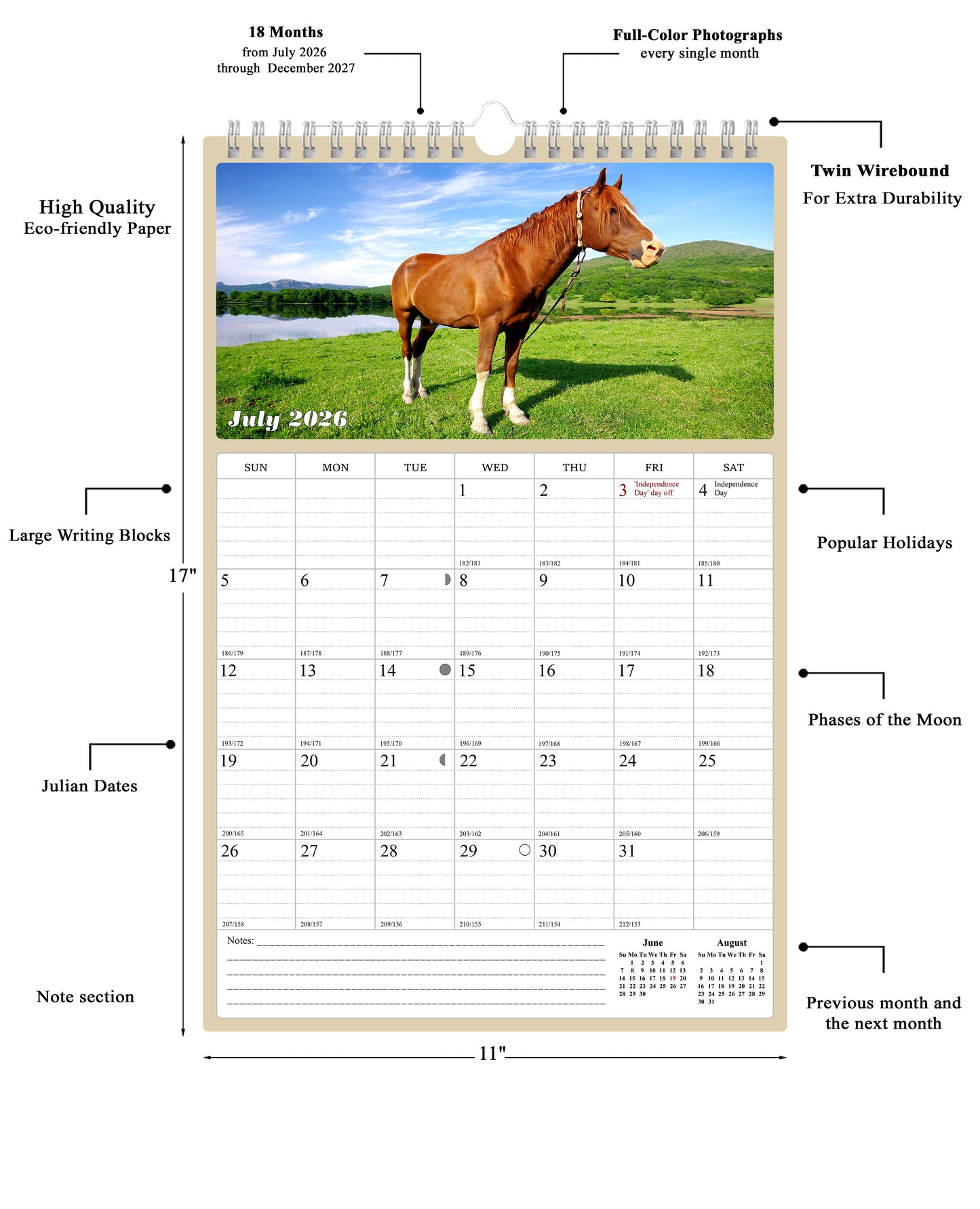 2026 - 2027 Wall Calendar Spiral-bound Twin-Wire Binding - 18 Months Planner - Large Ruled Blocks with Julian Dates - (Horses)