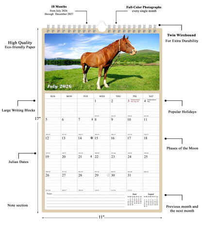 2026 - 2027 Wall Calendar Spiral-bound Twin-Wire Binding - 18 Months Planner - Large Ruled Blocks with Julian Dates - (Horses)