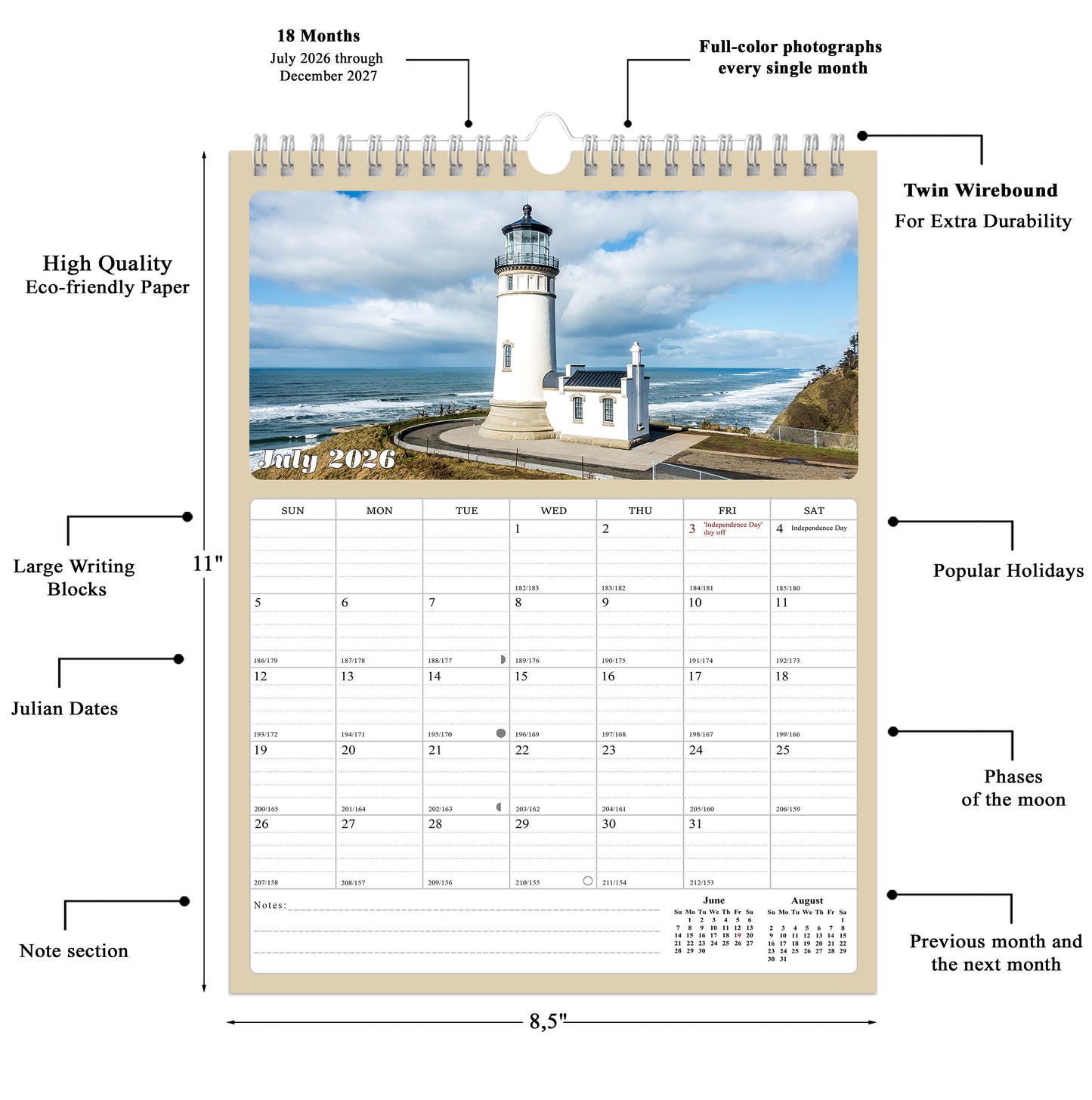 2026 - 2027 Calendar Magnetic Peel & Stick 18 Months 8.5" x 11" Lighthouses