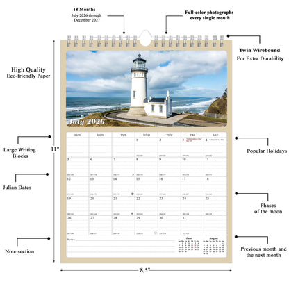 2026 - 2027 Calendar Magnetic Peel & Stick 18 Months 8.5" x 11" Lighthouses