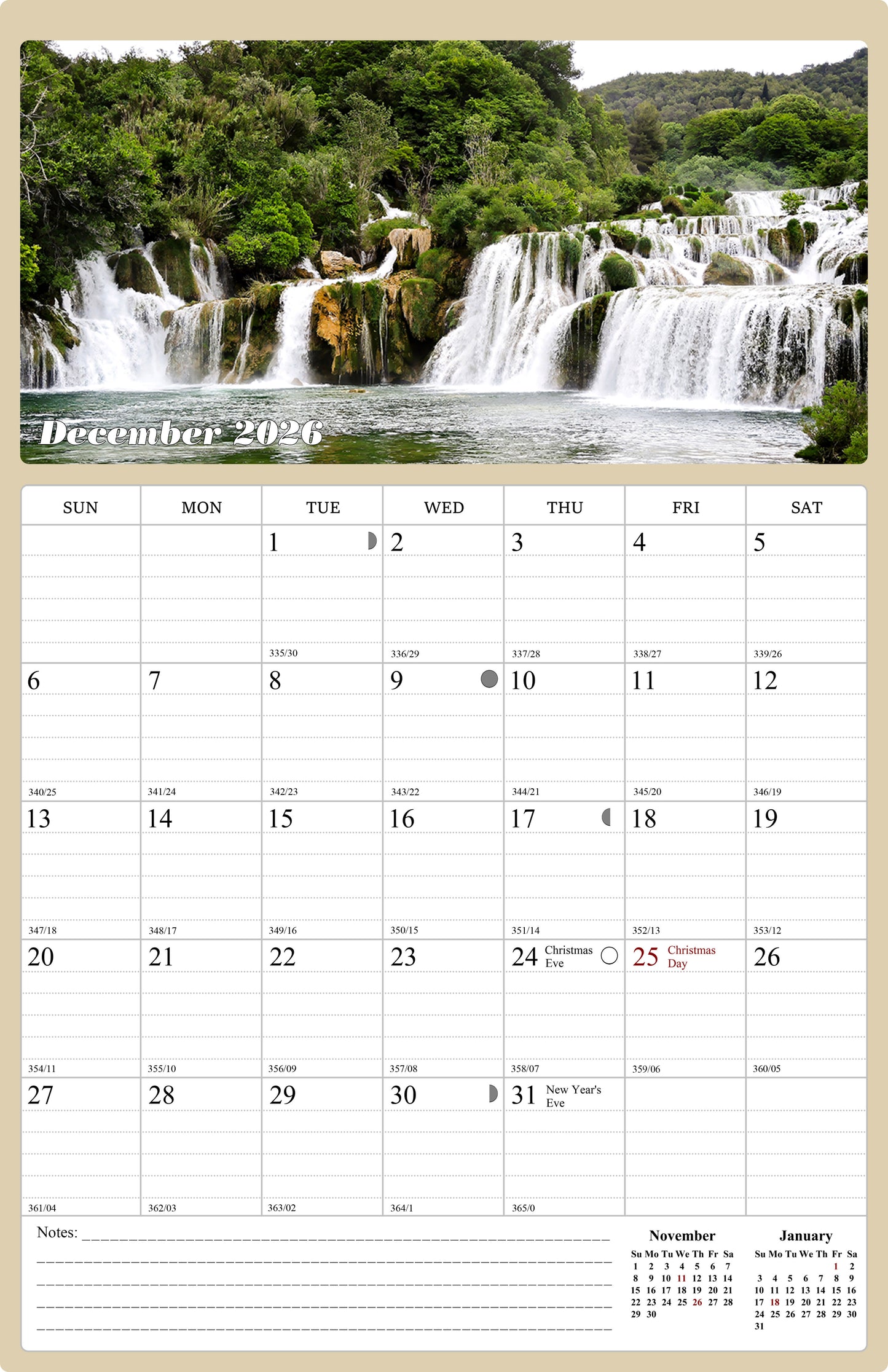 2025 - 2026 Wall Calendar Spiral-bound Twin - 18 Months (Waterfalls) 11" x 17"