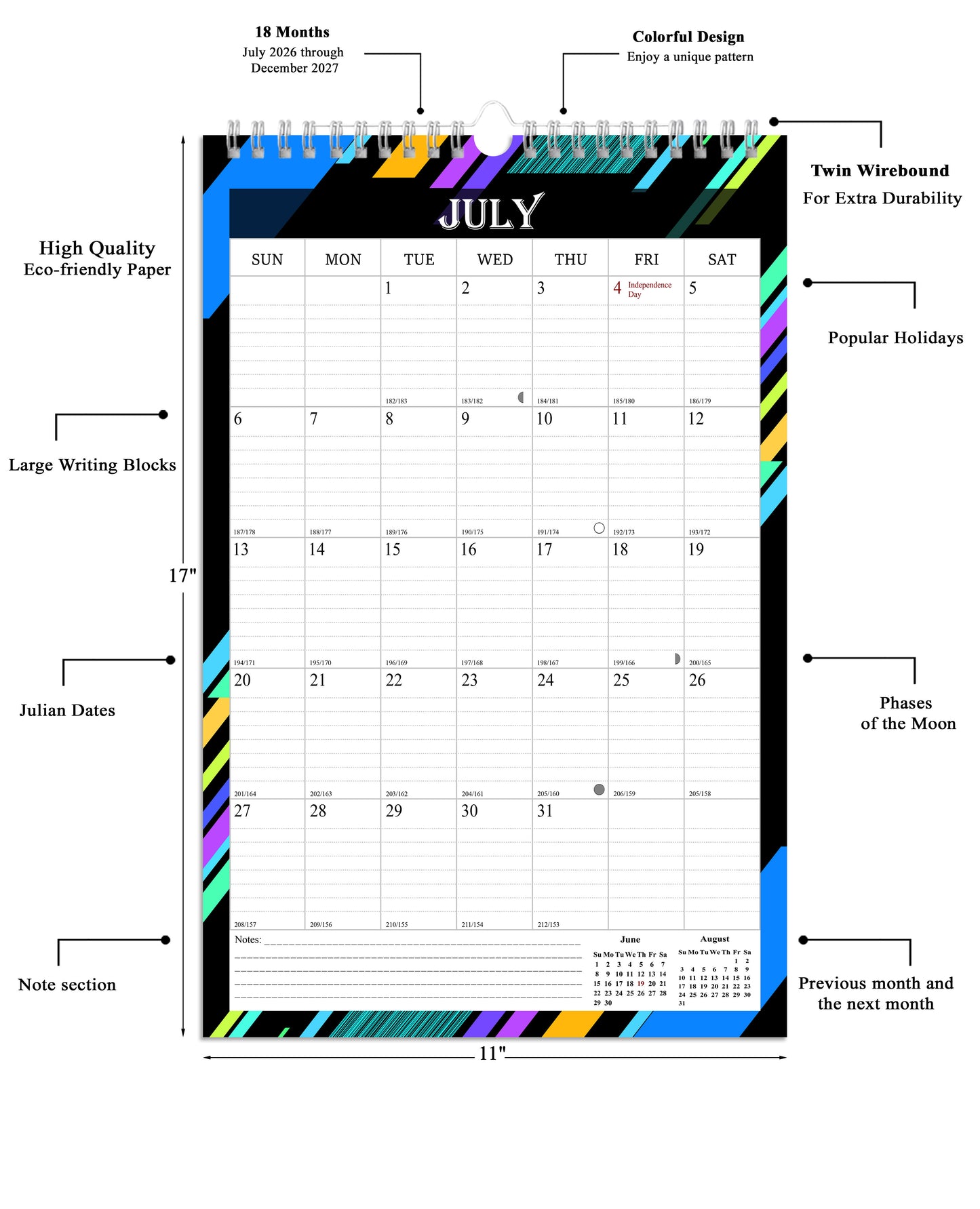 2026-2027 Wall Calendar Spiral-bound Twin-Wire Binding - 18 Months 11" x 17" 08