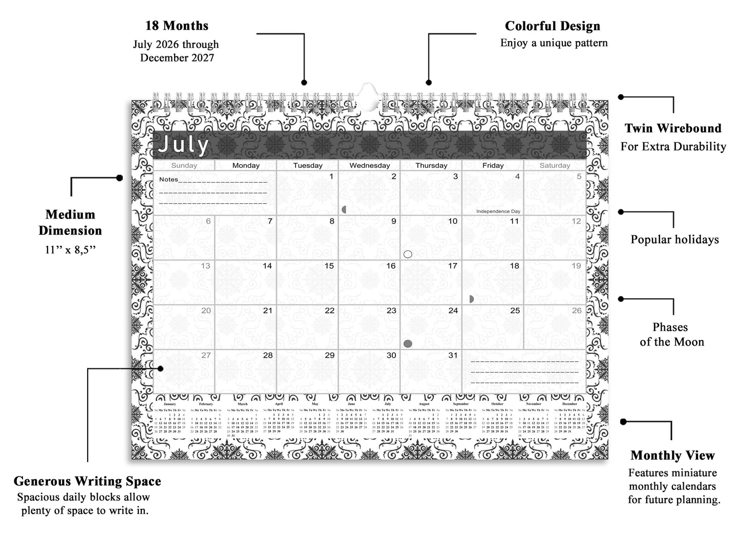 2026-2027 Monthly Spiral-Bound Wall/Desk Calendar - Desktop/Wall Blotter Calendar/Planner - (Edition B&W #014)