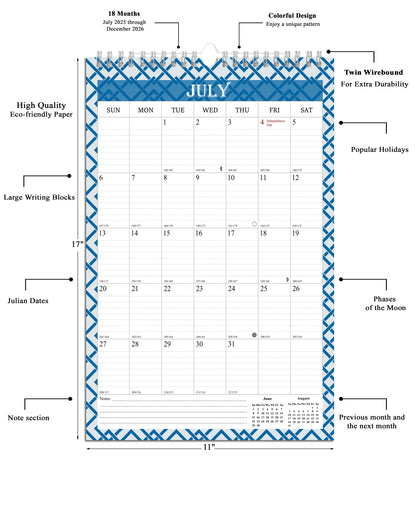 2025-2026 Wall Calendar Spiral-bound Twin-Wire Binding - 18 Months 11" x 17" 03