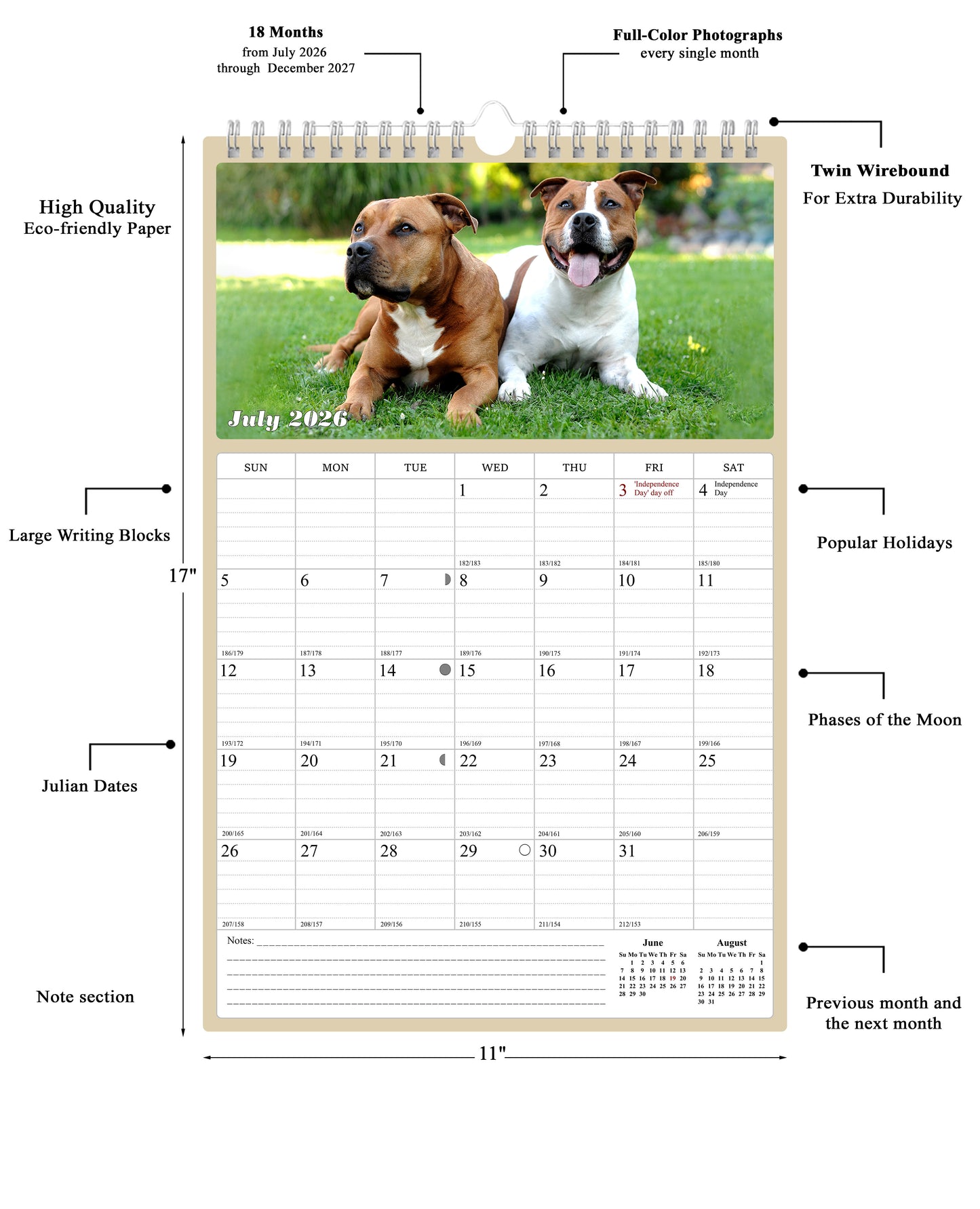 2026 - 2027 Wall Calendar Spiral-bound Twin-Wire Binding - 18 Months Planner - Large Ruled Blocks with Julian Dates - (Dogs)