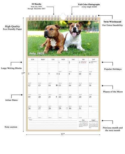 2026 - 2027 Wall Calendar Spiral-bound Twin-Wire Binding - 18 Months Planner - Large Ruled Blocks with Julian Dates - (Dogs)