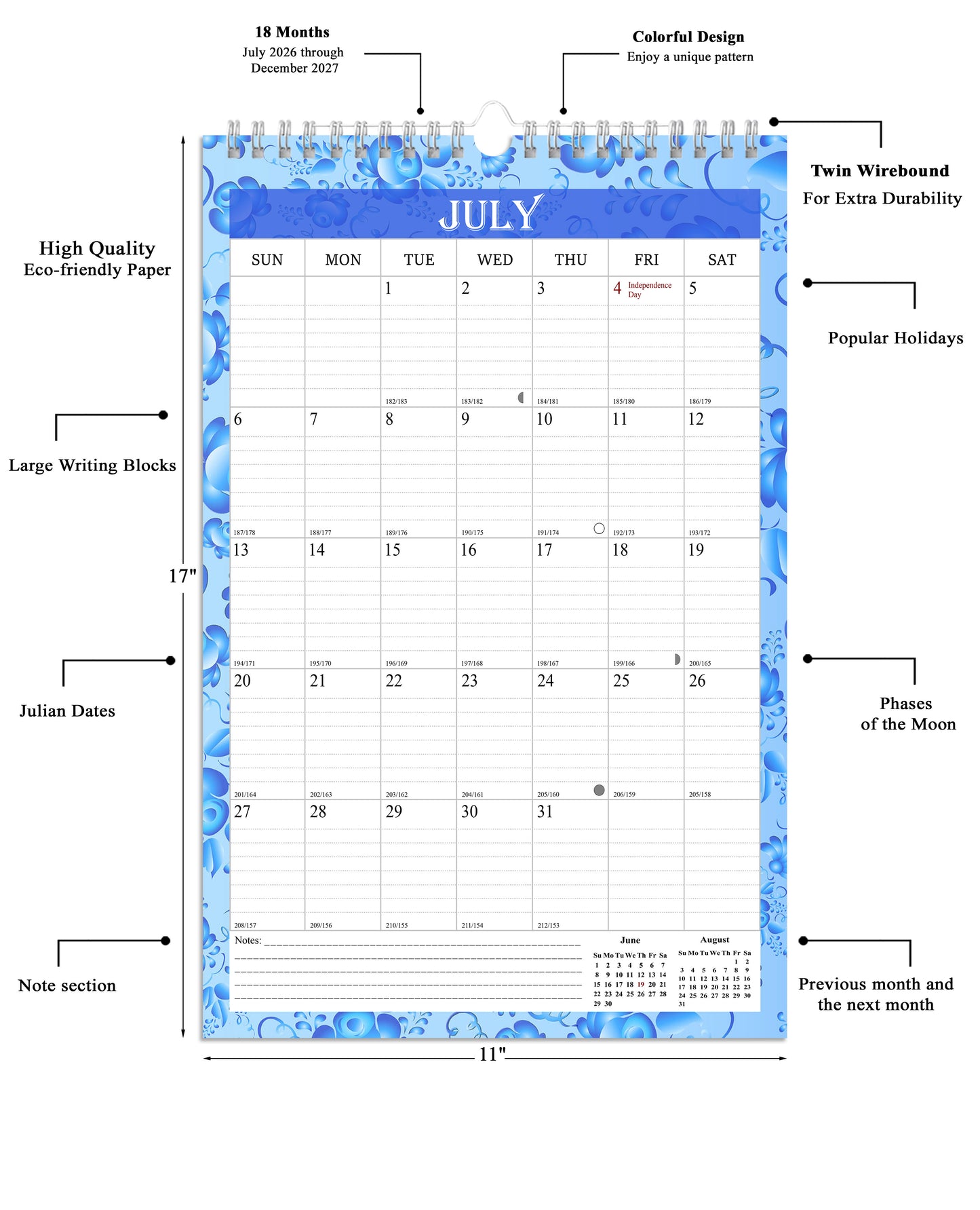 2026-2027 Wall Calendar Spiral-bound Twin-Wire Binding - 18 Months 11" x 17" 015