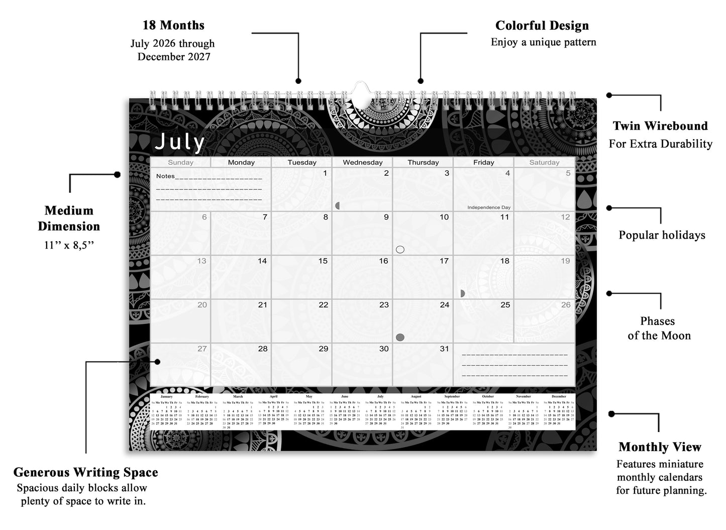 2026-2027 Monthly Spiral-Bound Wall/Desk Calendar - Desktop/Wall Blotter Calendar/Planner - (Edition B&W #012)