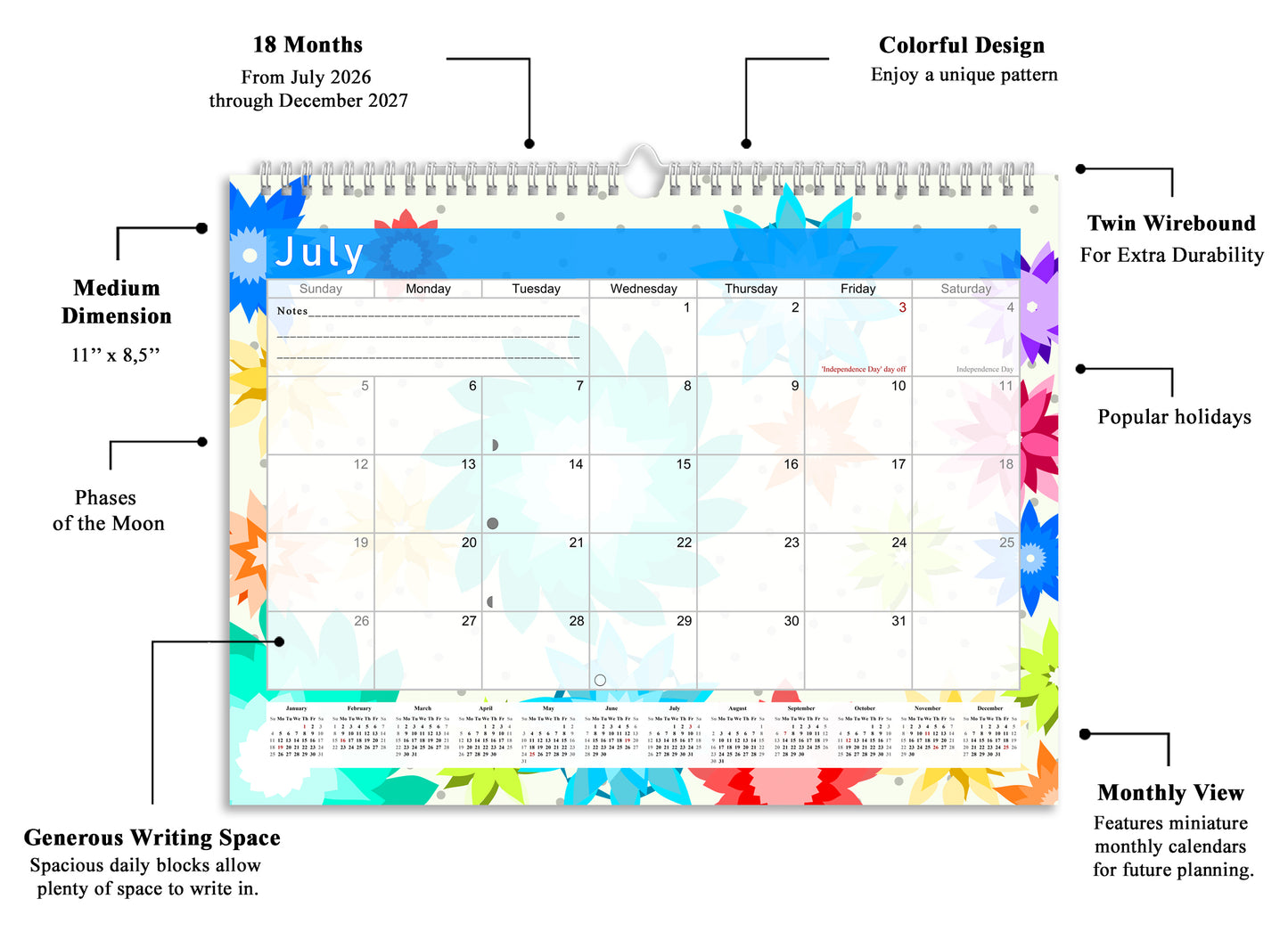 2026-2027 Monthly Spiral-Bound Wall / Desk Calendar -  Desktop / Wall Blotter Calendar / Planner - (Edition #01)
