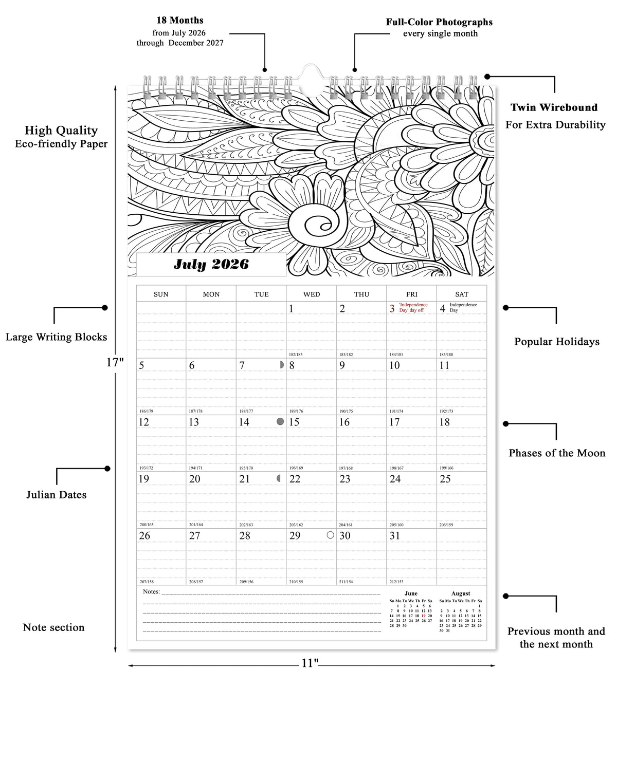 2026 - 2027 Wall Coloring Calendar Spiral-bound Twin-Wire Binding - 18 Months Planner - Large Ruled Blocks with Julian Dates - (Flowers)