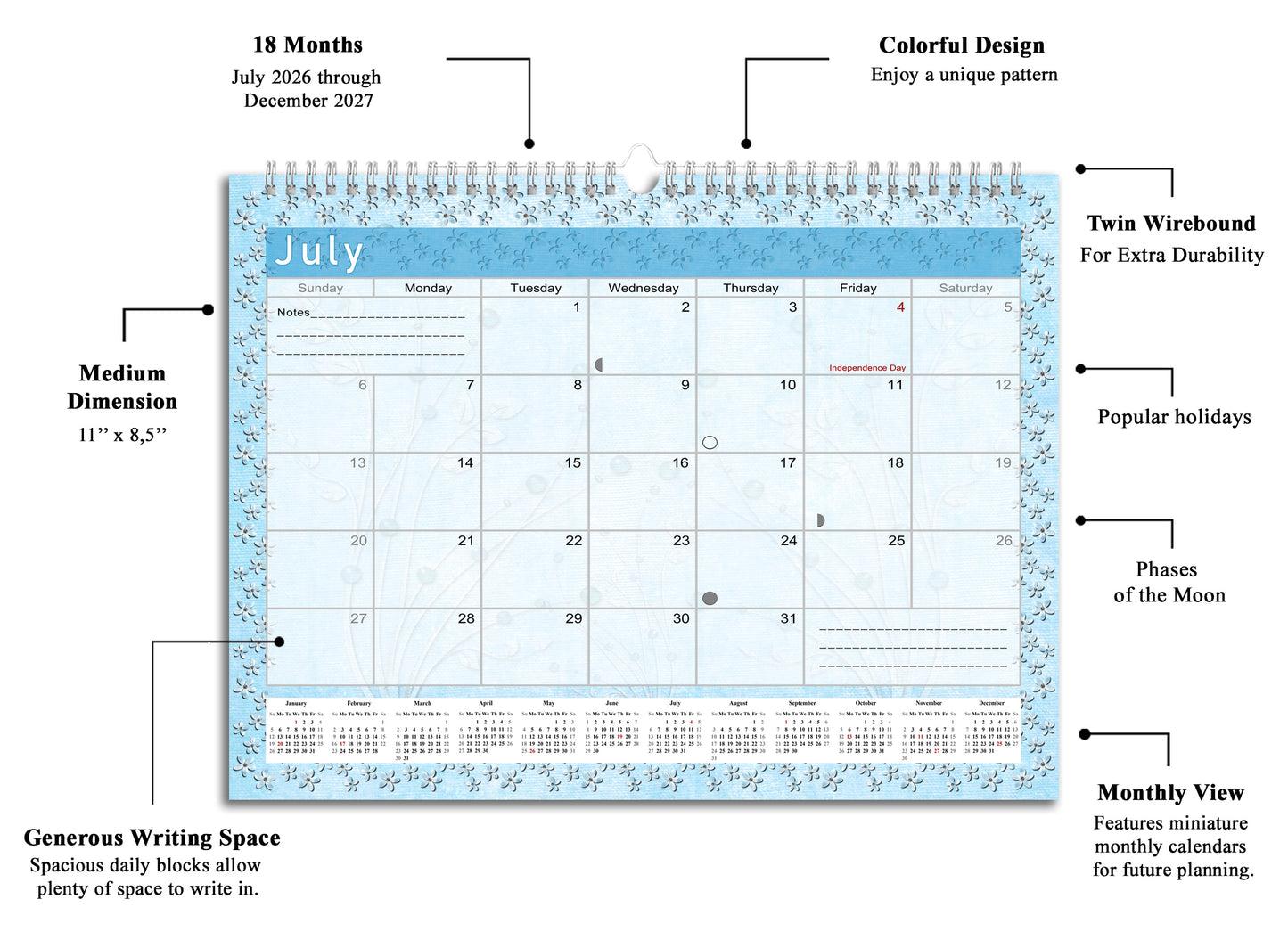 2026-2027 Monthly Spiral-Bound Wall / Desk Calendar - Desktop / Wall Blotter Calendar / Planner - (Edition #18)