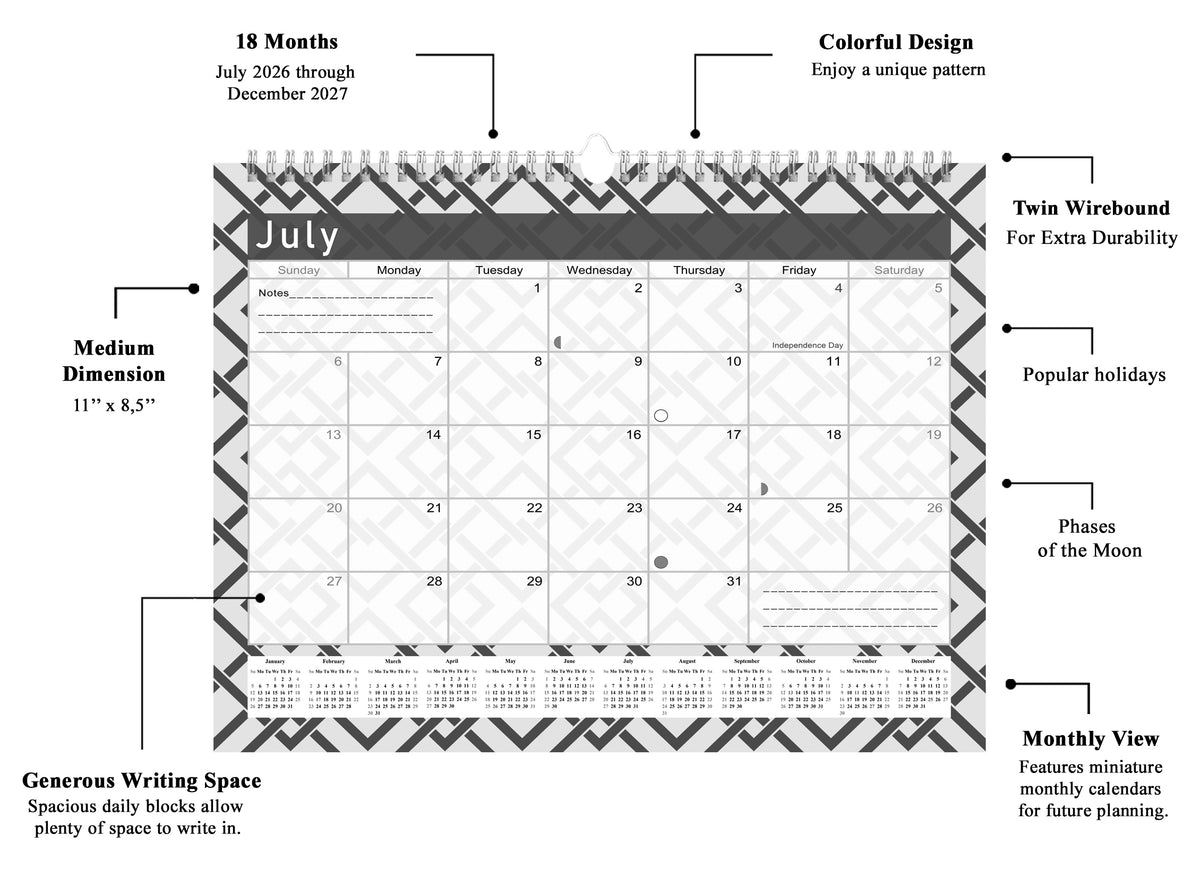 2026-2027 Monthly Spiral-Bound Wall/Desk Calendar - Desktop/Wall Blotter Calendar/Planner - (Edition Geometric B&W #04)