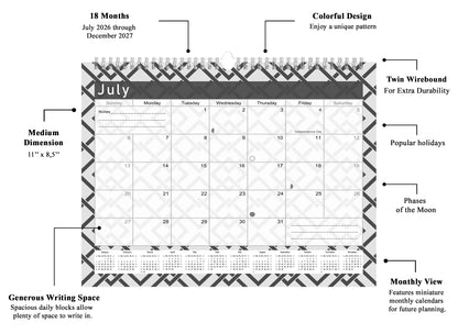 2026-2027 Monthly Spiral-Bound Wall/Desk Calendar - Desktop/Wall Blotter Calendar/Planner - (Edition Geometric B&W #04)