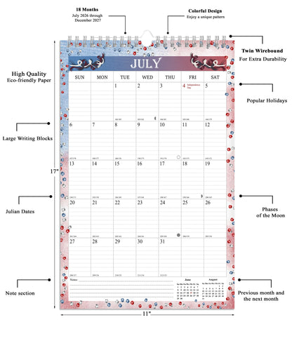 2026-2027 Wall Calendar Spiral-bound Twin-Wire Binding - 18 Months 11" x 17" 012
