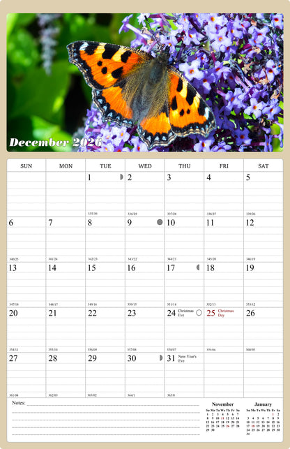 2025 - 2026 Wall Calendar Spiral-bound Twin - 18 Months (Butterflyes) 11" x 17"