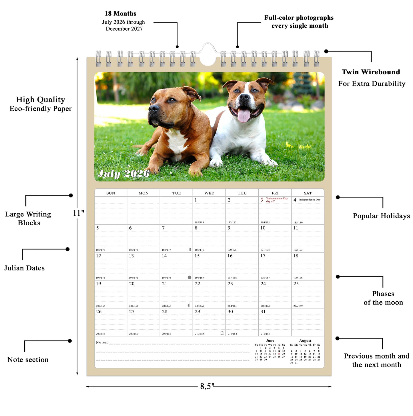 2027 Wall Calendar Spiral-bound Twin-Wire Binding - 12 Months Planner - Large Ruled Blocks with Julian Dates - (Dogs)