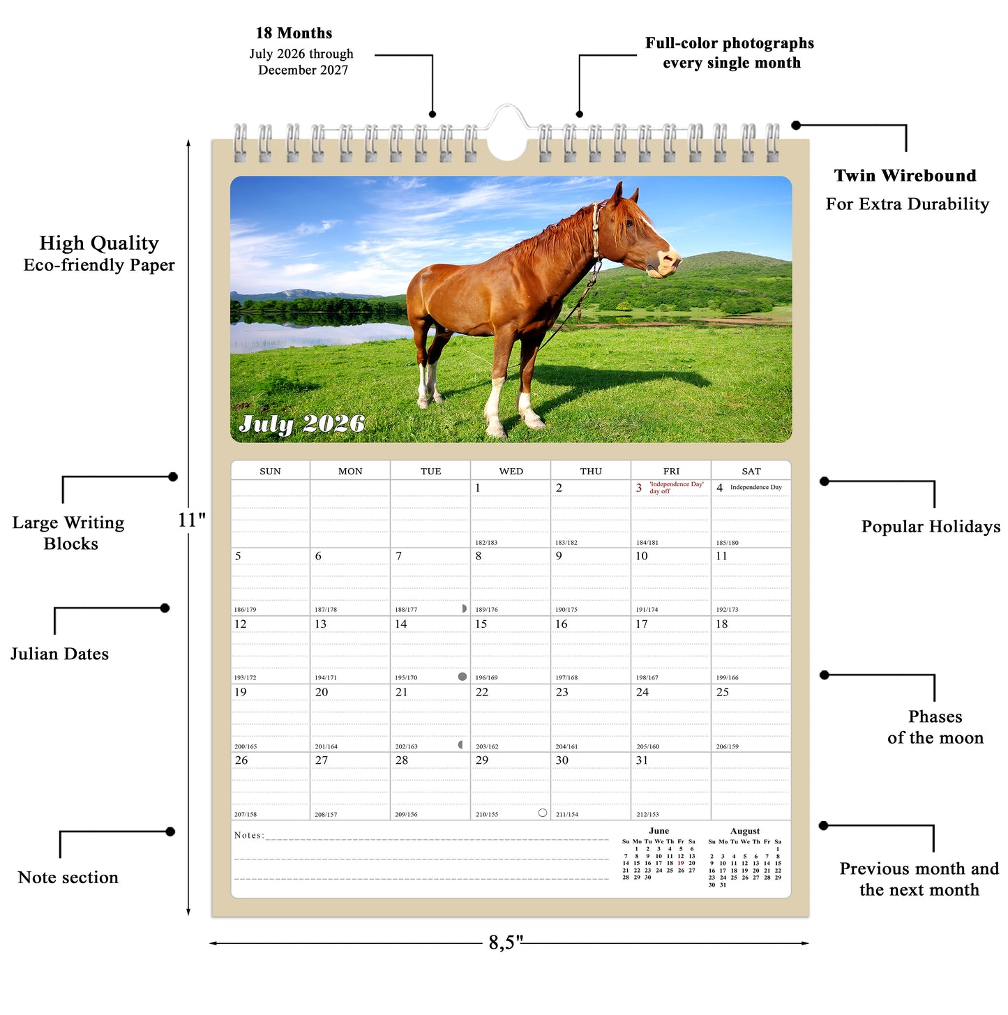 2027 Wall Calendar Spiral-bound Twin-Wire Binding - 12 Months Planner - Large Ruled Blocks with Julian Dates - (Horses)
