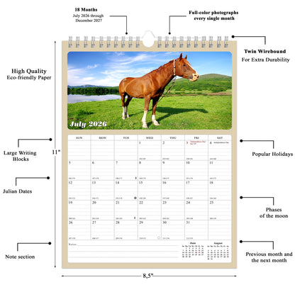 2027 Wall Calendar Spiral-bound Twin-Wire Binding - 12 Months Planner - Large Ruled Blocks with Julian Dates - (Horses)
