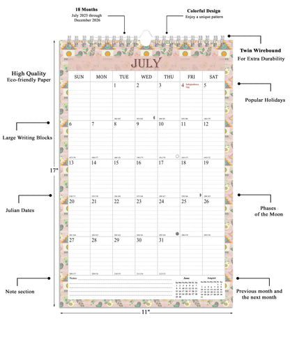 2025-2026 Wall Calendar Spiral-bound Twin-Wire Binding - 18 Months 11" x 17" 016