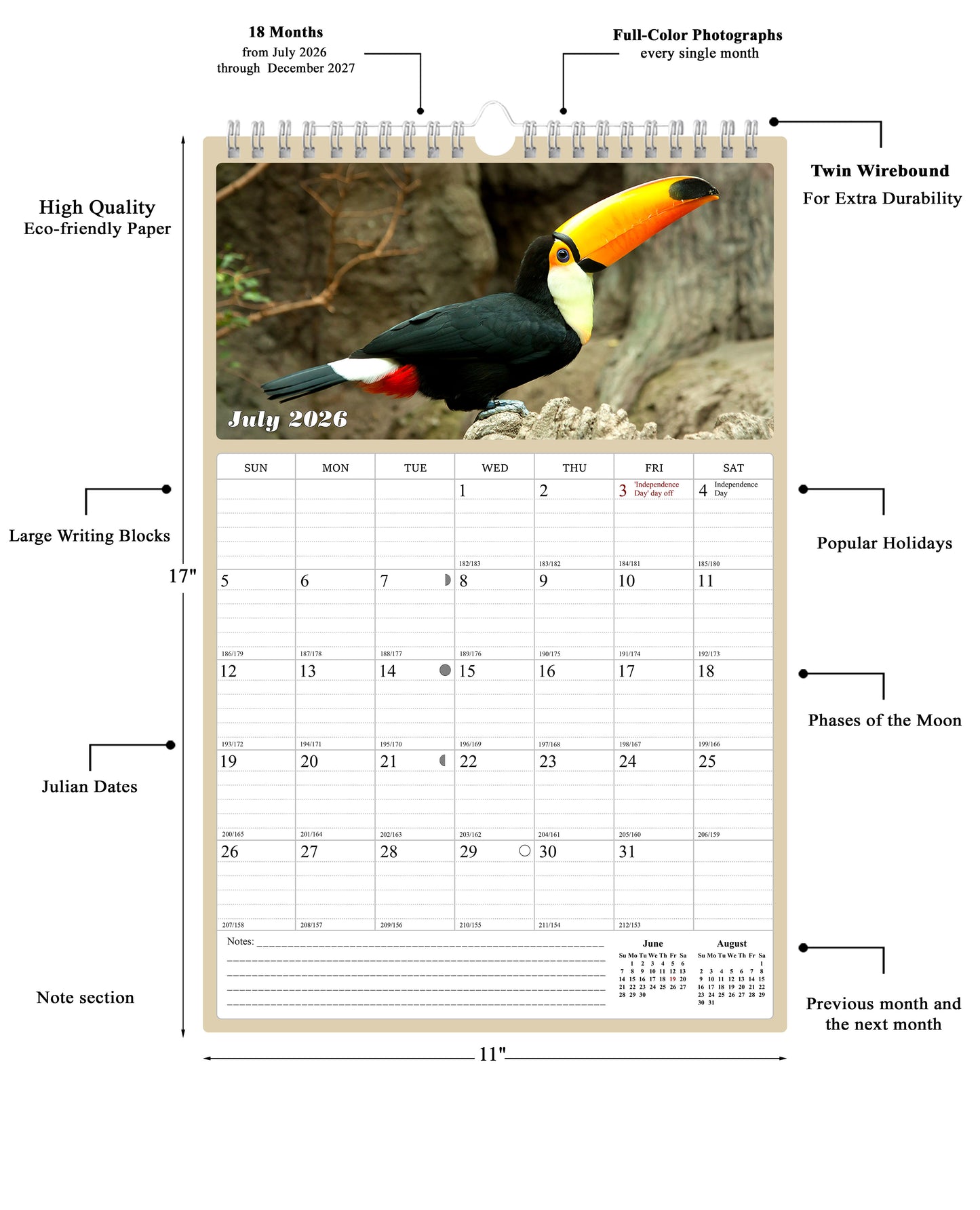 2026 - 2027 Wall Calendar Spiral-bound Twin-Wire Binding - 18 Months Planner - Large Ruled Blocks with Julian Dates - (Birds)