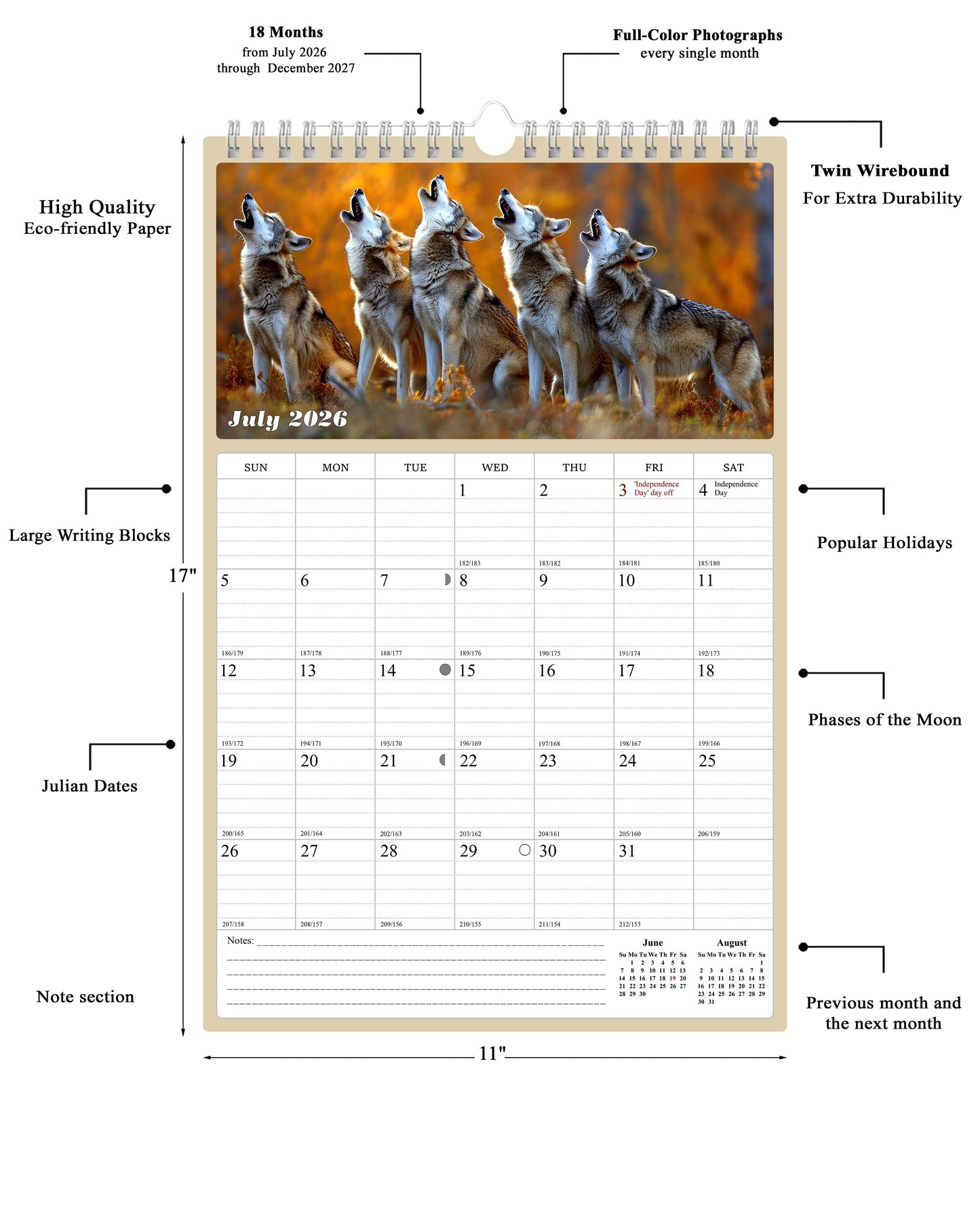 2026-2027 Wall Calendar Spiral-bound Twin-Wire Binding - 18 Months Planner - Large Ruled Blocks with Julian Dates - (Woolfs)
