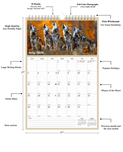 2026-2027 Wall Calendar Spiral-bound Twin-Wire Binding - 18 Months Planner - Large Ruled Blocks with Julian Dates - (Woolfs)