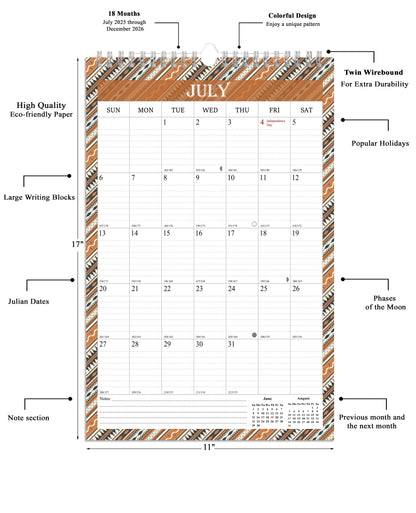2025-2026 Wall Calendar Spiral-bound Twin-Wire Binding - 18 Months 11" x 17" 011