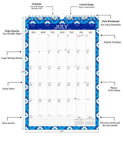2026-2027 Wall Calendar Spiral-bound Twin-Wire Binding - 18 Months 11" x 17" 014