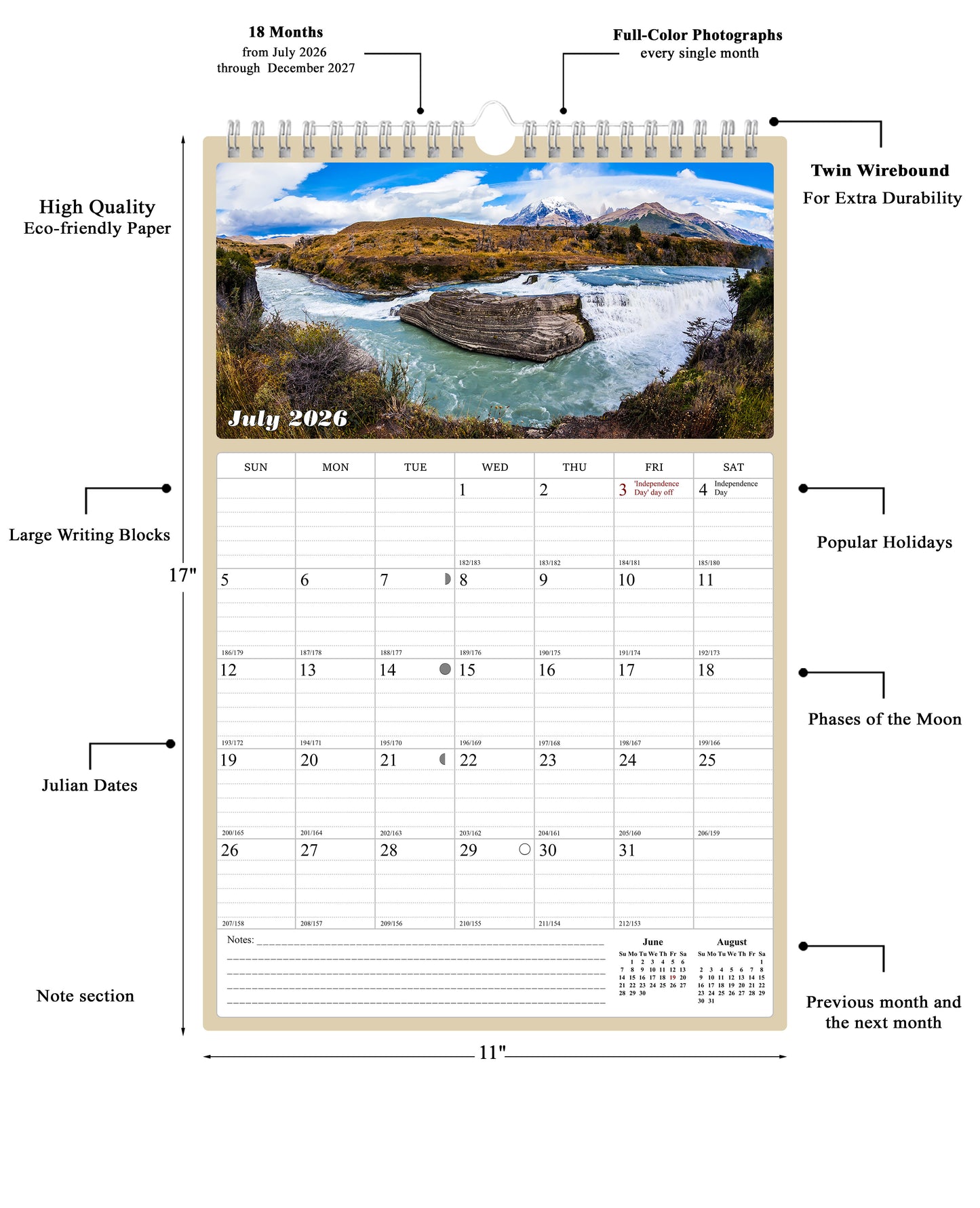 2026 - 2027 Wall Calendar Spiral-bound Twin-Wire Binding - 18 Months Planner - Large Ruled Blocks with Julian Dates - (National Parks)