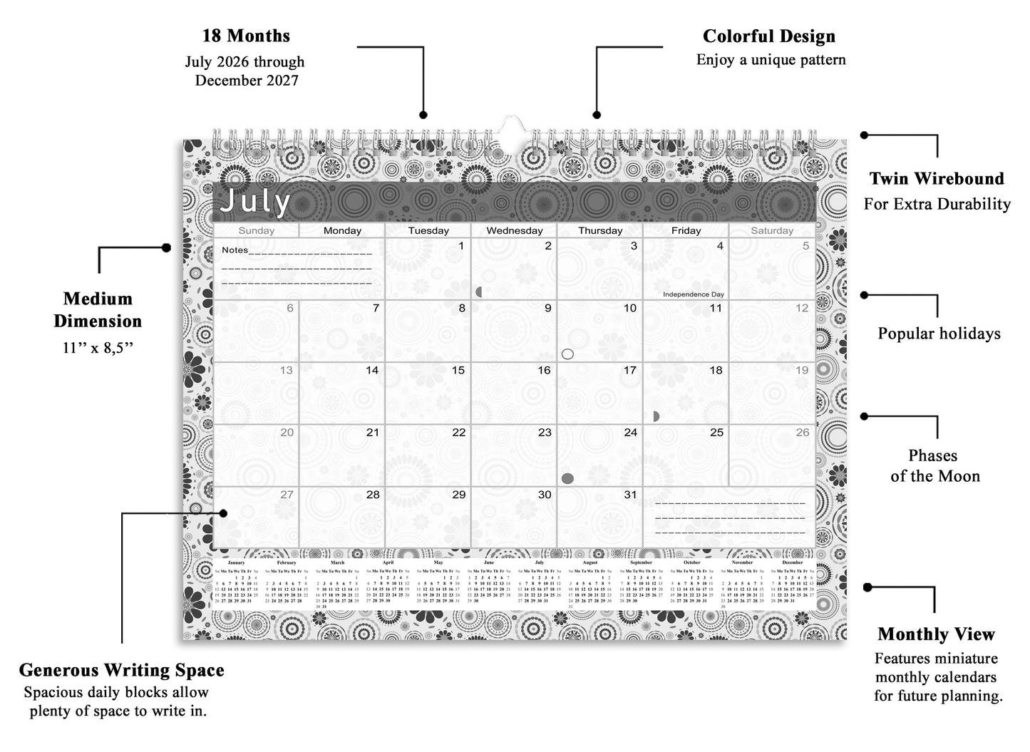2026-2027 Monthly Spiral-Bound Wall/Desk Calendar - Desktop/Wall Blotter Calendar/Planner - (Edition B&W #020)