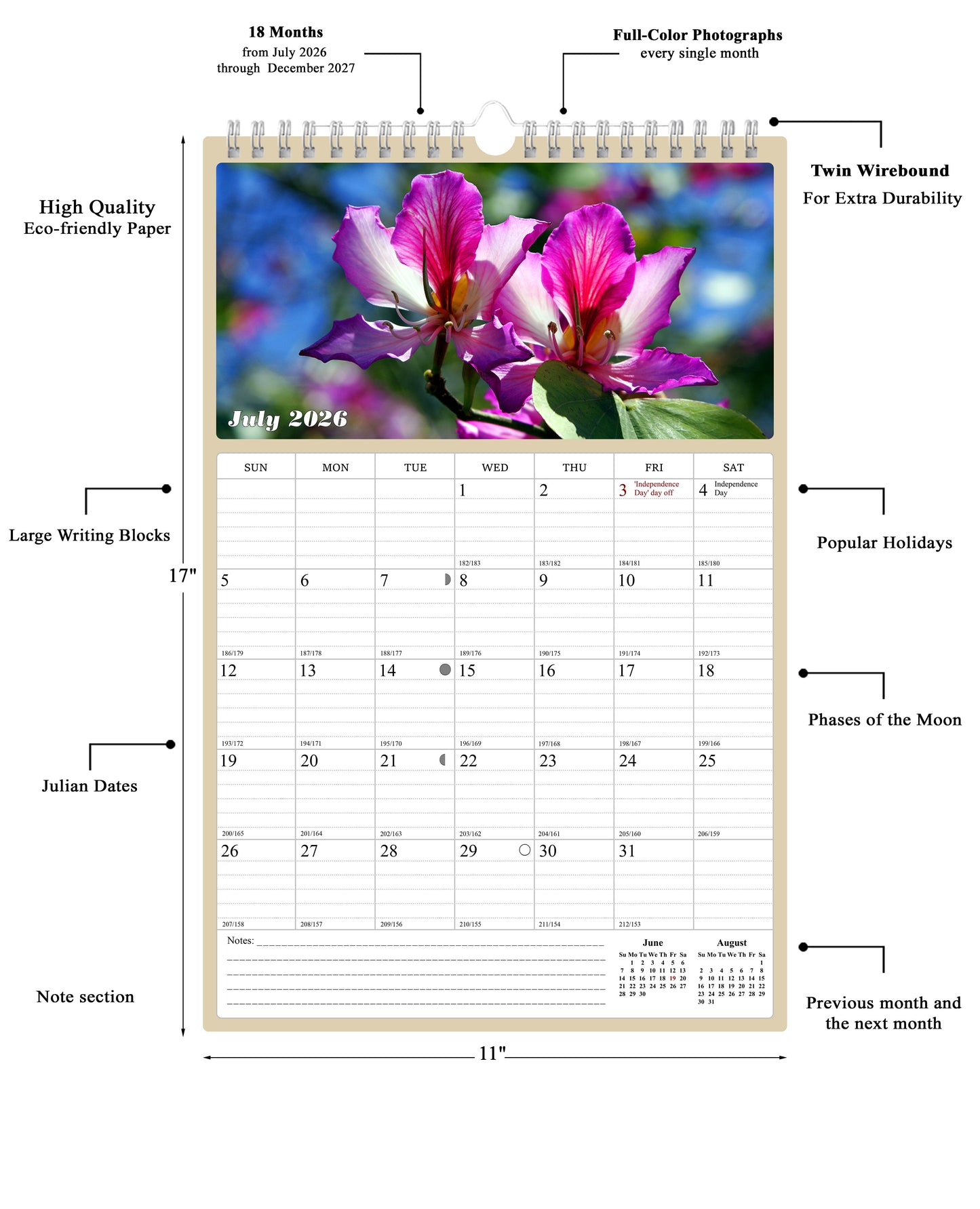 2026 - 2027 Wall Calendar Spiral-bound Twin-Wire Binding - 18 Months Planner - Large Ruled Blocks with Julian Dates - (Flowers)