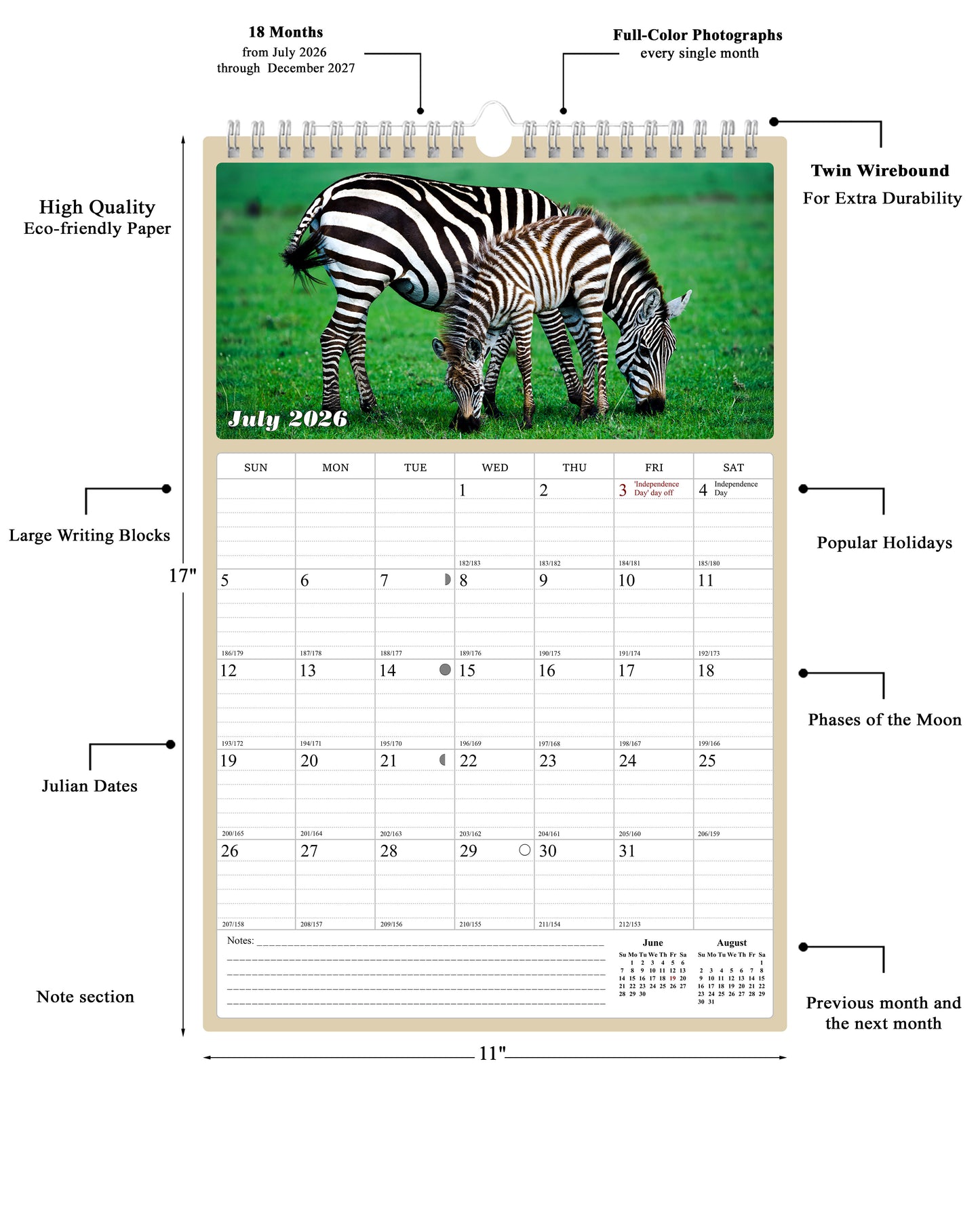 2026 - 2027 Wall Calendar Spiral-bound Twin-Wire Binding - 18 Months Planner - Large Ruled Blocks with Julian Dates - (Baby Animals)