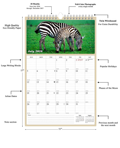 2026 - 2027 Wall Calendar Spiral-bound Twin-Wire Binding - 18 Months Planner - Large Ruled Blocks with Julian Dates - (Baby Animals)
