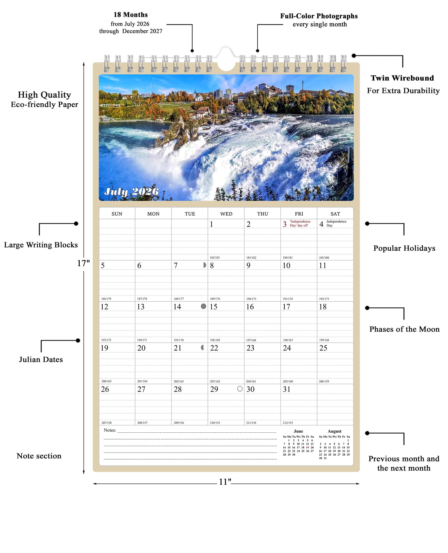 2026 - 2027 Wall Calendar Spiral-bound Twin-Wire Binding - 18 Months Planner - Large Ruled Blocks with Julian Dates - (Waterfalls)
