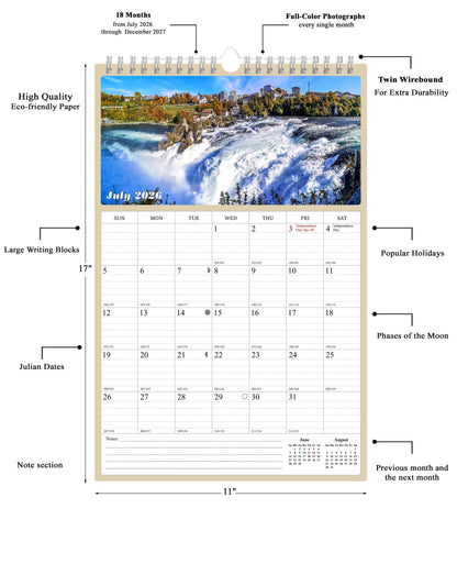 2026 - 2027 Wall Calendar Spiral-bound Twin-Wire Binding - 18 Months Planner - Large Ruled Blocks with Julian Dates - (Waterfalls)