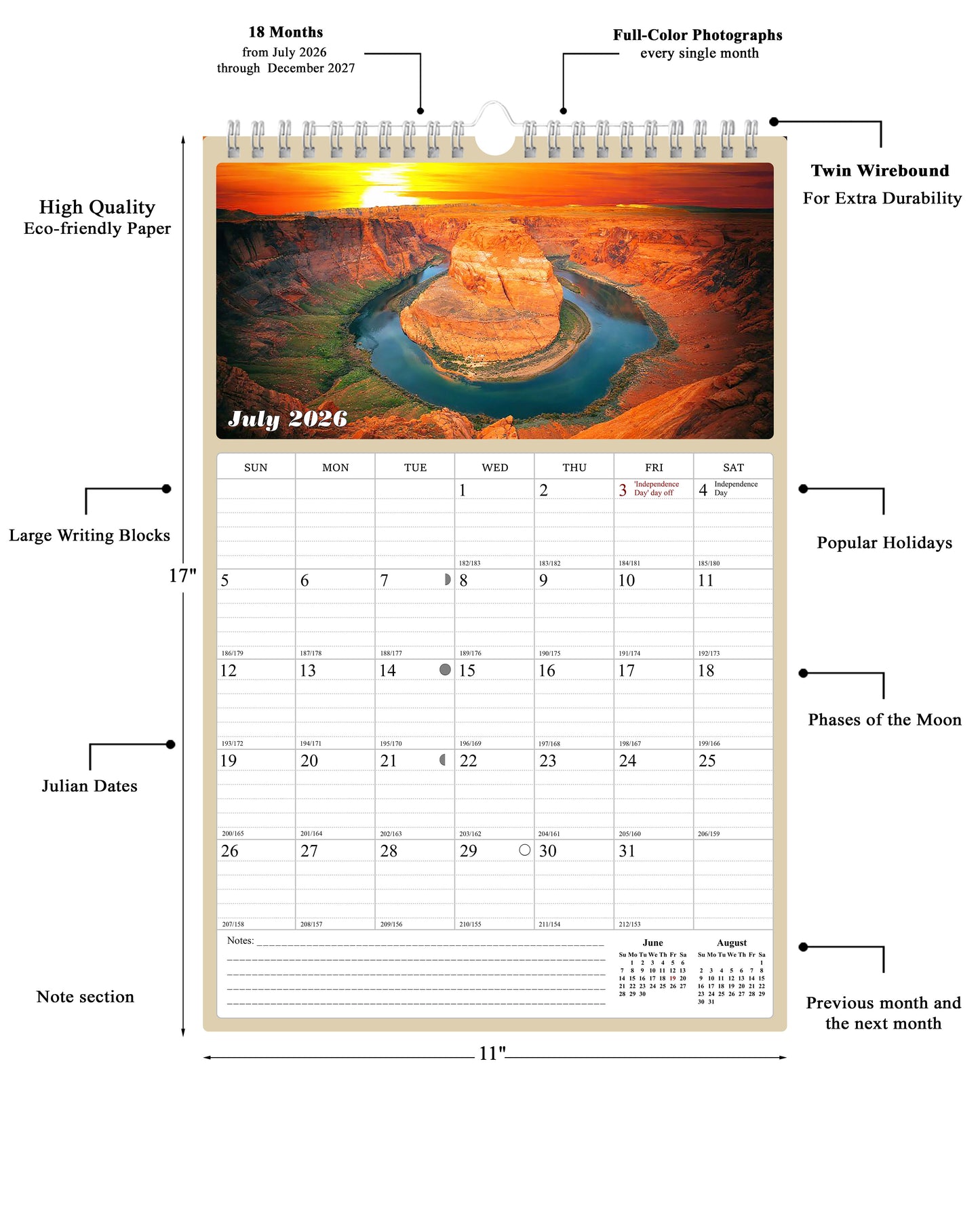 2026 - 2027 Wall Calendar Spiral-bound Twin-Wire Binding - 18 Months Planner - Large Ruled Blocks with Julian Dates - (Sunset&Sunrise)