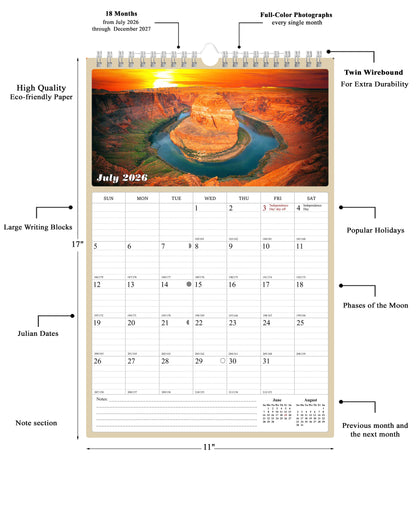 2026 - 2027 Wall Calendar Spiral-bound Twin-Wire Binding - 18 Months Planner - Large Ruled Blocks with Julian Dates - (Sunset&Sunrise)