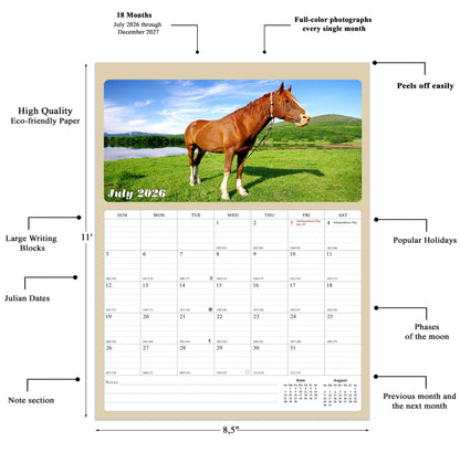 2026 - 2027 Calendar Magnetic Peel & Stick 18 Months 8.5" x 11" Horses