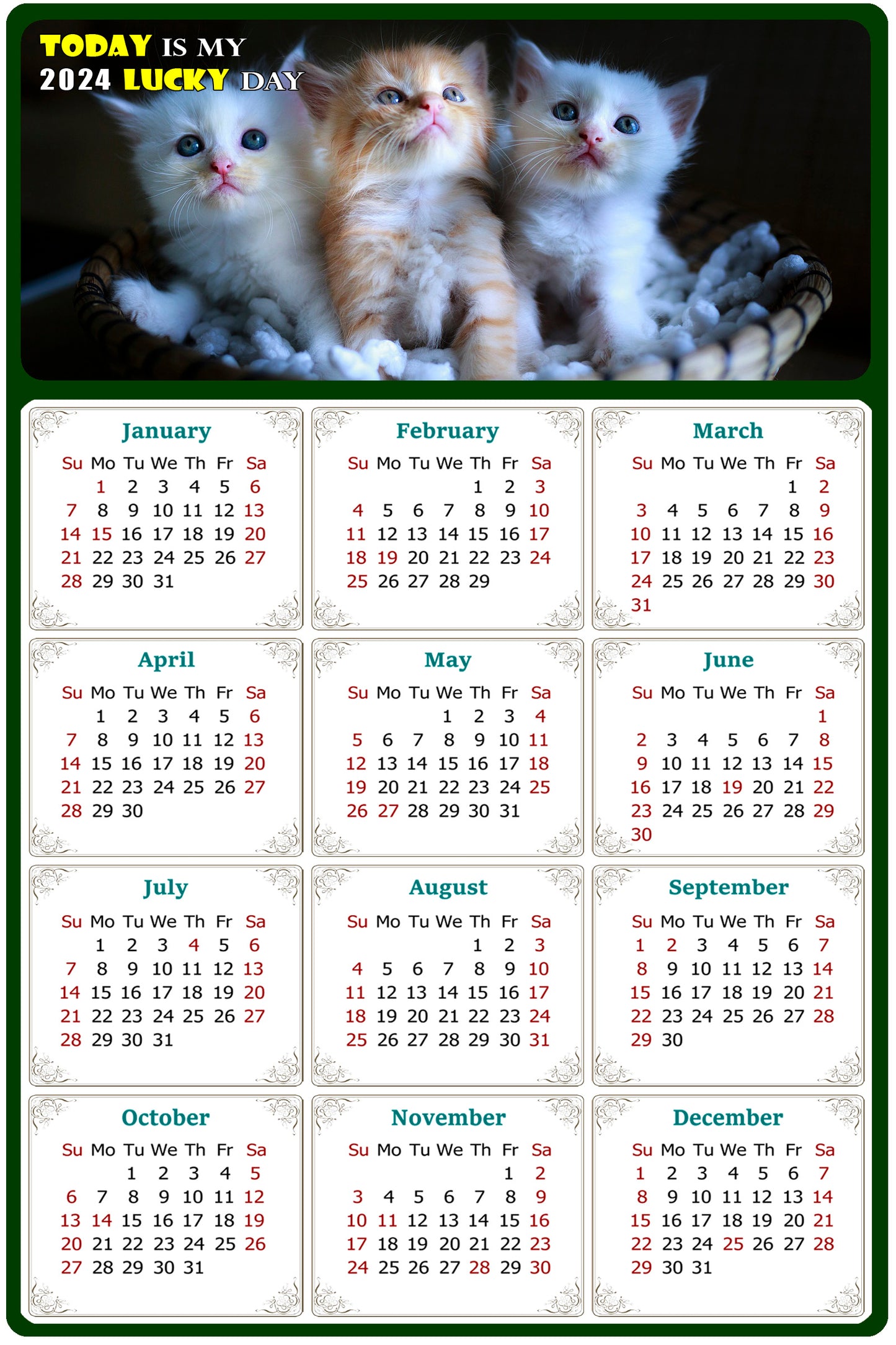 2024 Magnetic Calendar - Today is My Lucky Day (Fade, Tear, and Water Resistant)- Cat Themed 011