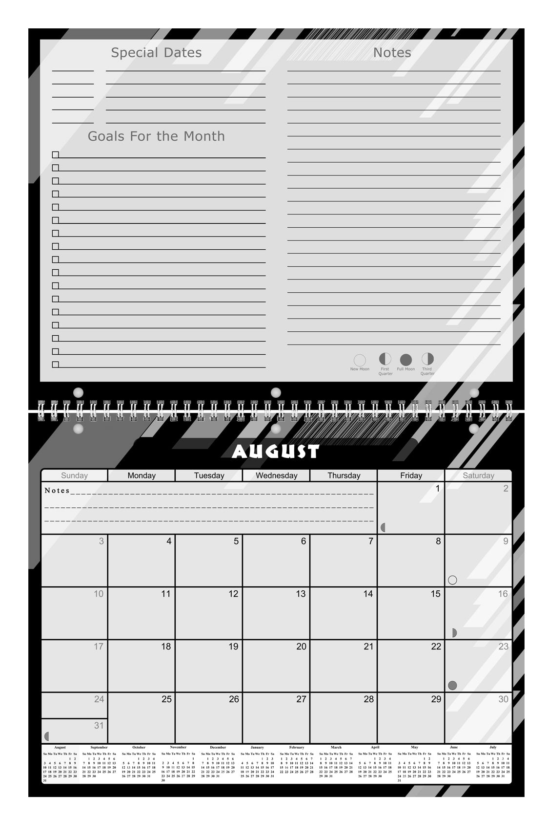 2026 - 2027 Academic Year 12 Months Student Calendar 3-Ring Binder - Black&White - (Edition #012)