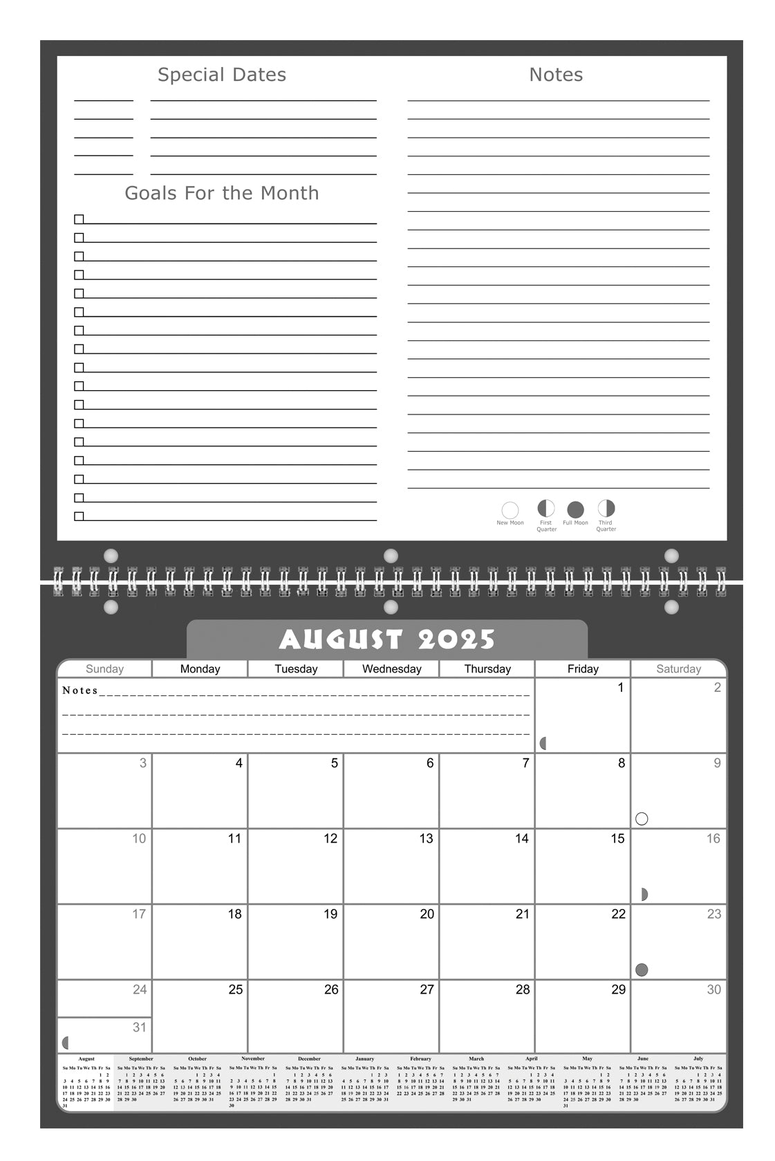 2025 - 2026 Academic Year 12 Months Student Calendar 3-Ring Binder B&W (Edition #022)